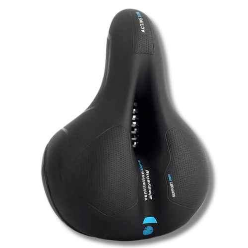 Ergonomisch zwart fietszadel met ventilatiekanaal, veersysteem en antislip zitkussens voor extra comfort.