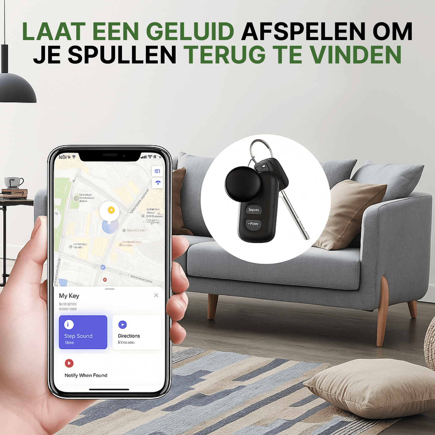 Zwarte GPS-tracker aan sleutelbos naast smartphone met locatie-app in een moderne woonkamer.