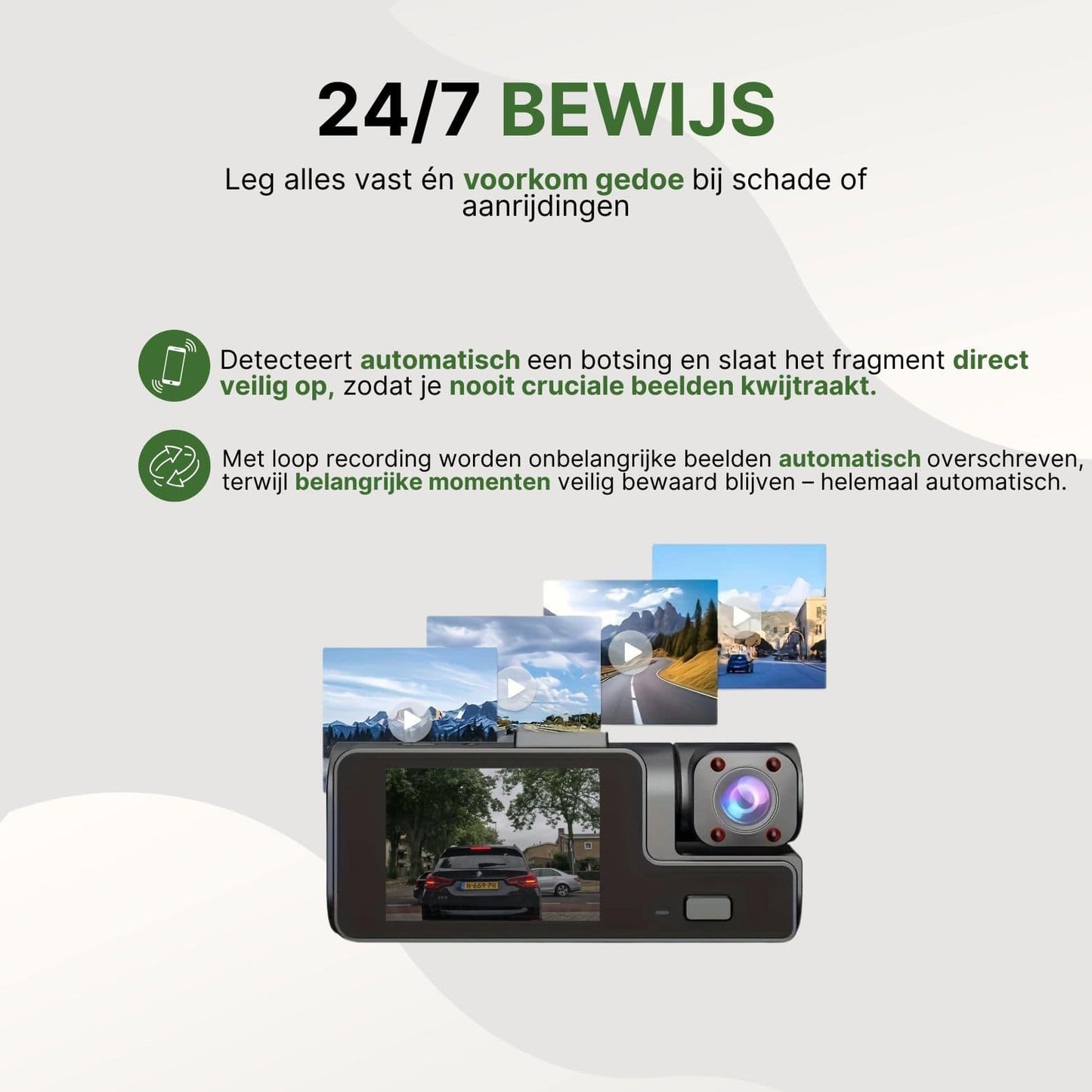 Guardian Pro dashcam met automatische botsingsdetectie en loop recording, die belangrijke beelden veilig opslaat en onbelangrijke opnames automatisch overschrijft.