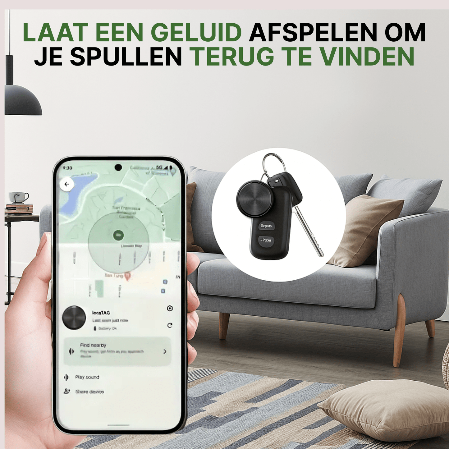 GuardianTag GPS-tracker bevestigd aan sleutelhanger, zichtbaar in app op Android-smartphone in woonkamer.