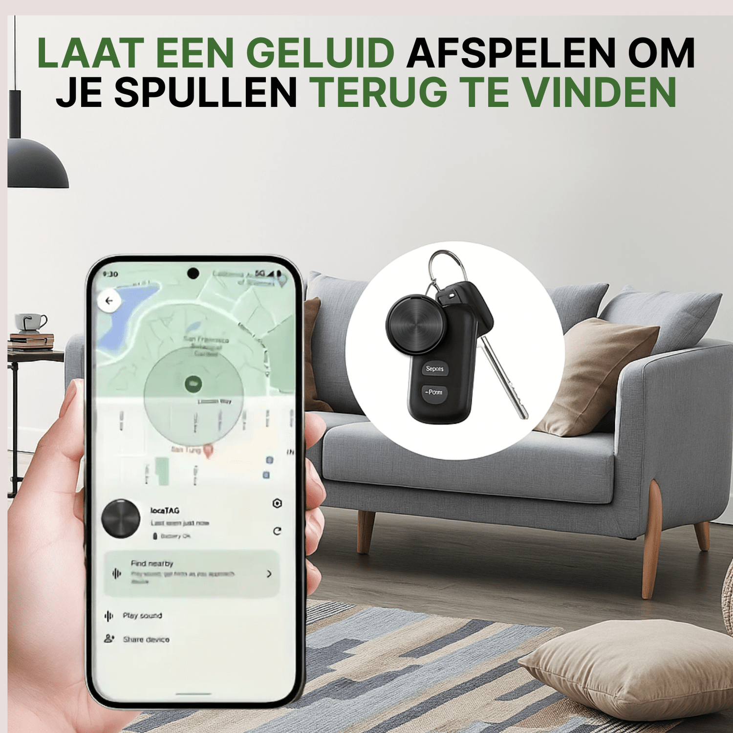 GuardianTag GPS-tracker bevestigd aan sleutelhanger, zichtbaar in app op Android-smartphone in woonkamer.