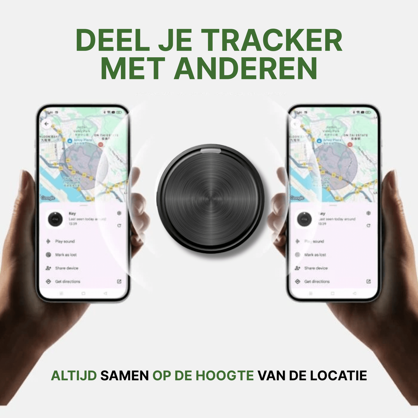 Twee smartphones tonen gedeelde locatie via zwarte GuardianTag GPS-tracker in kaartweergave.
