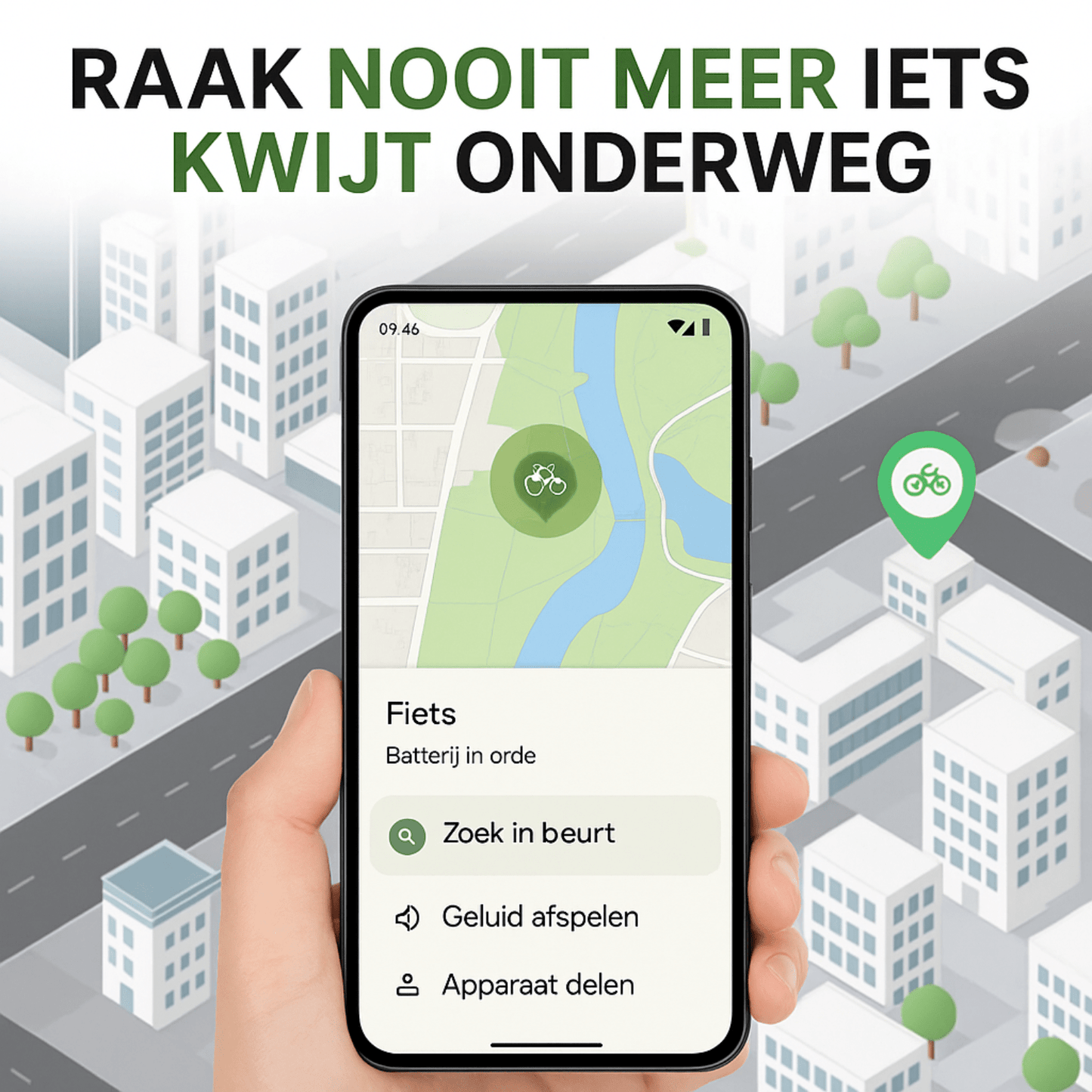 Smartphone toont fiets gelokaliseerd via GuardianTag GPS-tracker in een stadskaart met groen locatiepictogram.