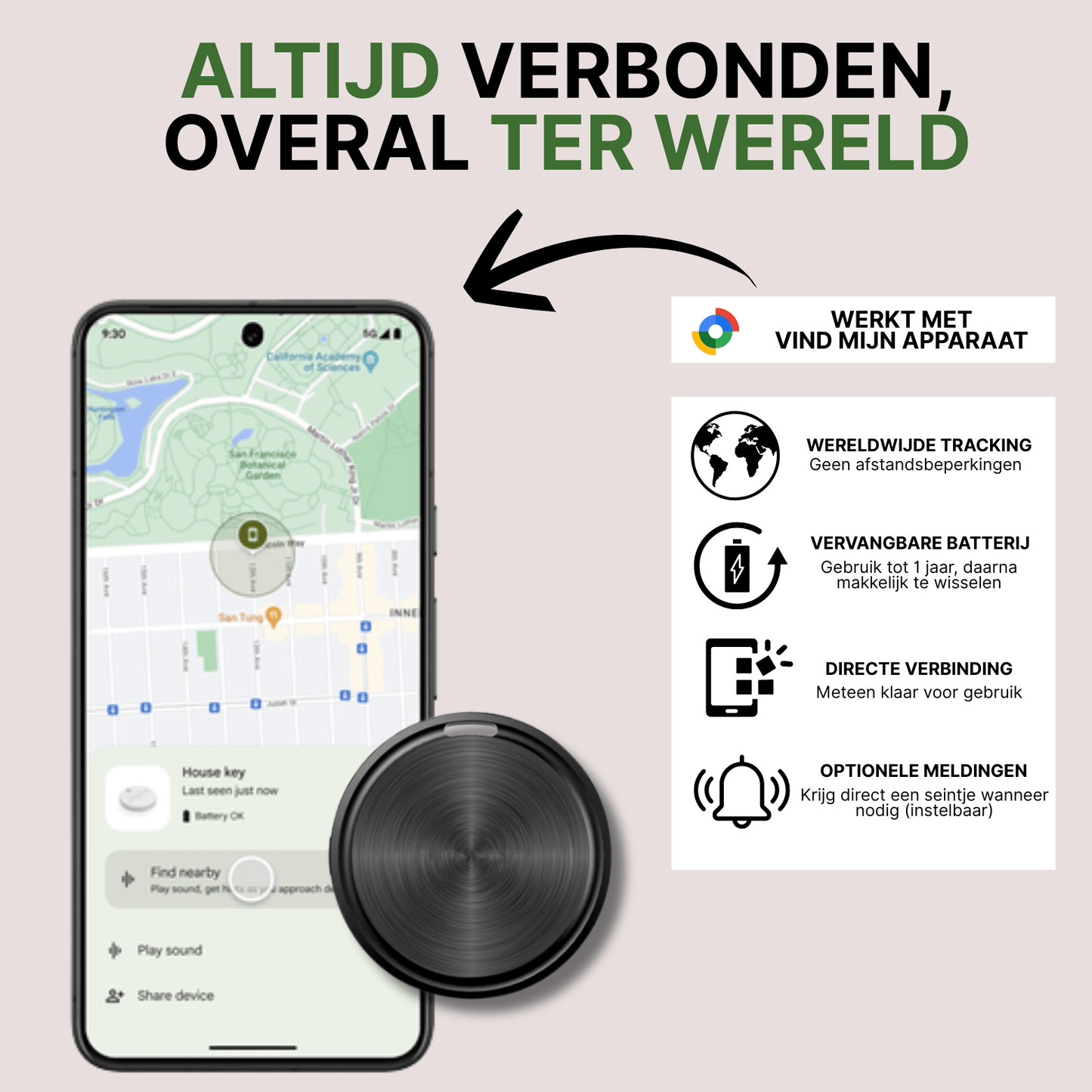 Zwarte GuardianTag GPS-tracker verbonden met Android-app, met functies zoals wereldwijde tracking en meldingen.