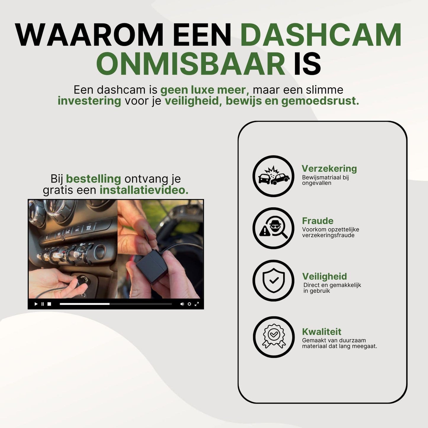 aarom de GuardianView Pro dashcam onmisbaar is: bewijs bij ongevallen, fraudepreventie, veiligheid, duurzaamheid en gratis installatievideo bij bestelling.