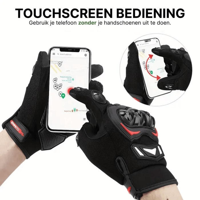 Telefoon bedienen, handschoenen aan.