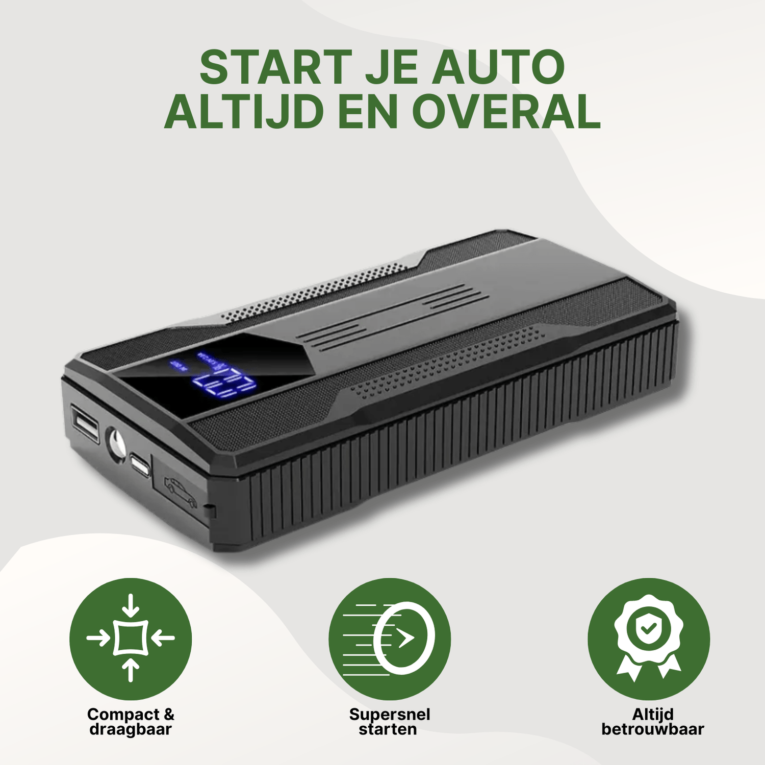Zwarte PowerVault jumpstarter met usb-poorten en digitaal display, compact ontwerp voor onderweg.