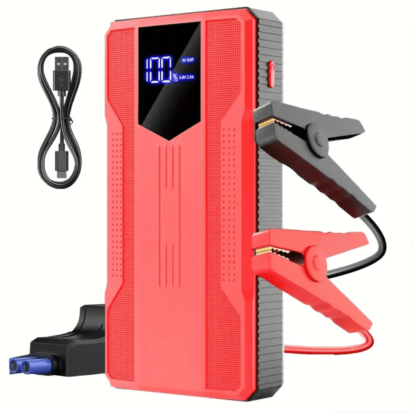 Rode PowerVault jumpstarter met zwarte en rode klemmen, lcd-display en usb-kabel voor autopech onderweg.