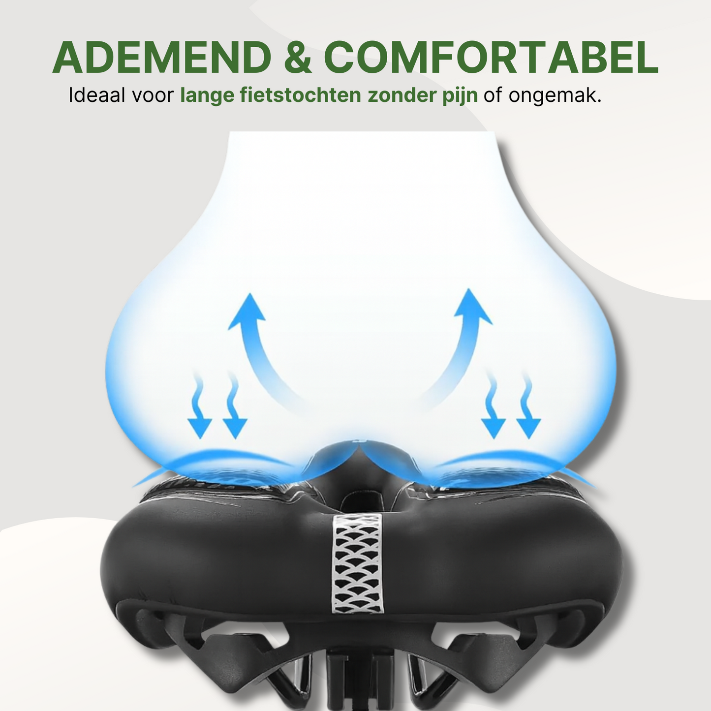 Onderzijde van ergonomisch fietszadel met ventilatie-effect, ontworpen voor comfort tijdens lange ritten.