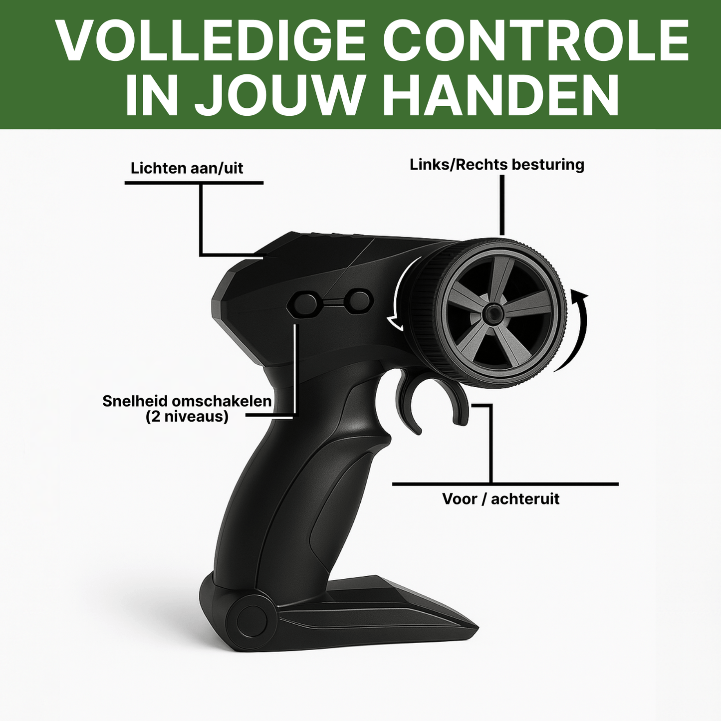 Zwarte RC afstandsbediening met knoppen voor licht, snelheidsregeling en stuurbediening voor bestuurbare auto.