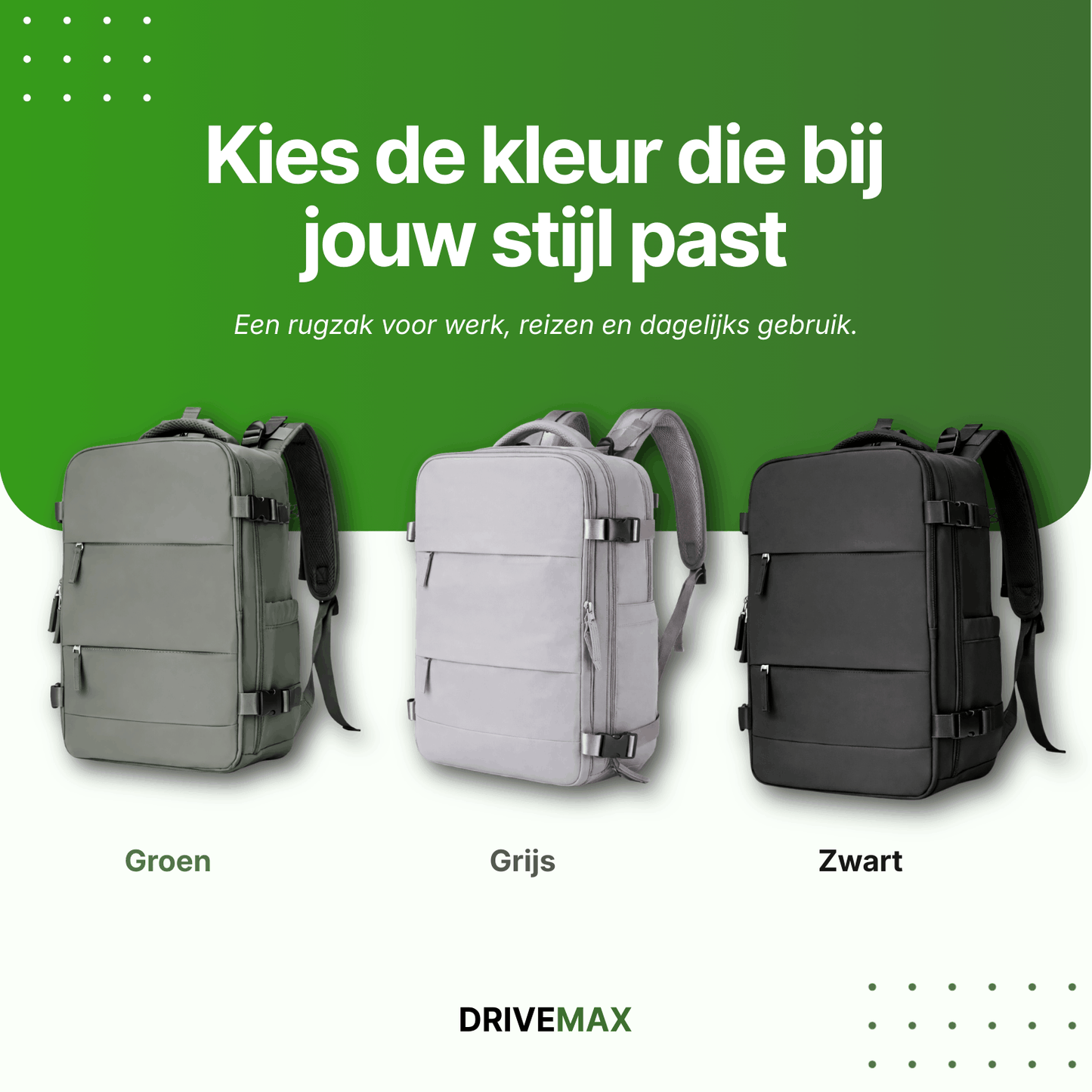 Reistas rugzak model in drie kleuren groen, grijs en zwart weergegeven naast elkaar.