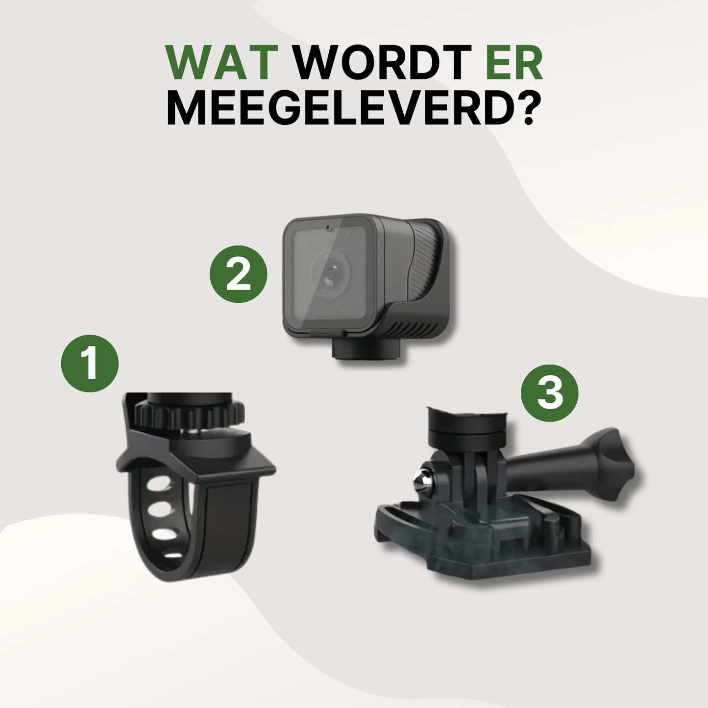 RideGuard Pro dashcam met meegeleverde stuurhouder, camera en helmbevestiging in beeld.