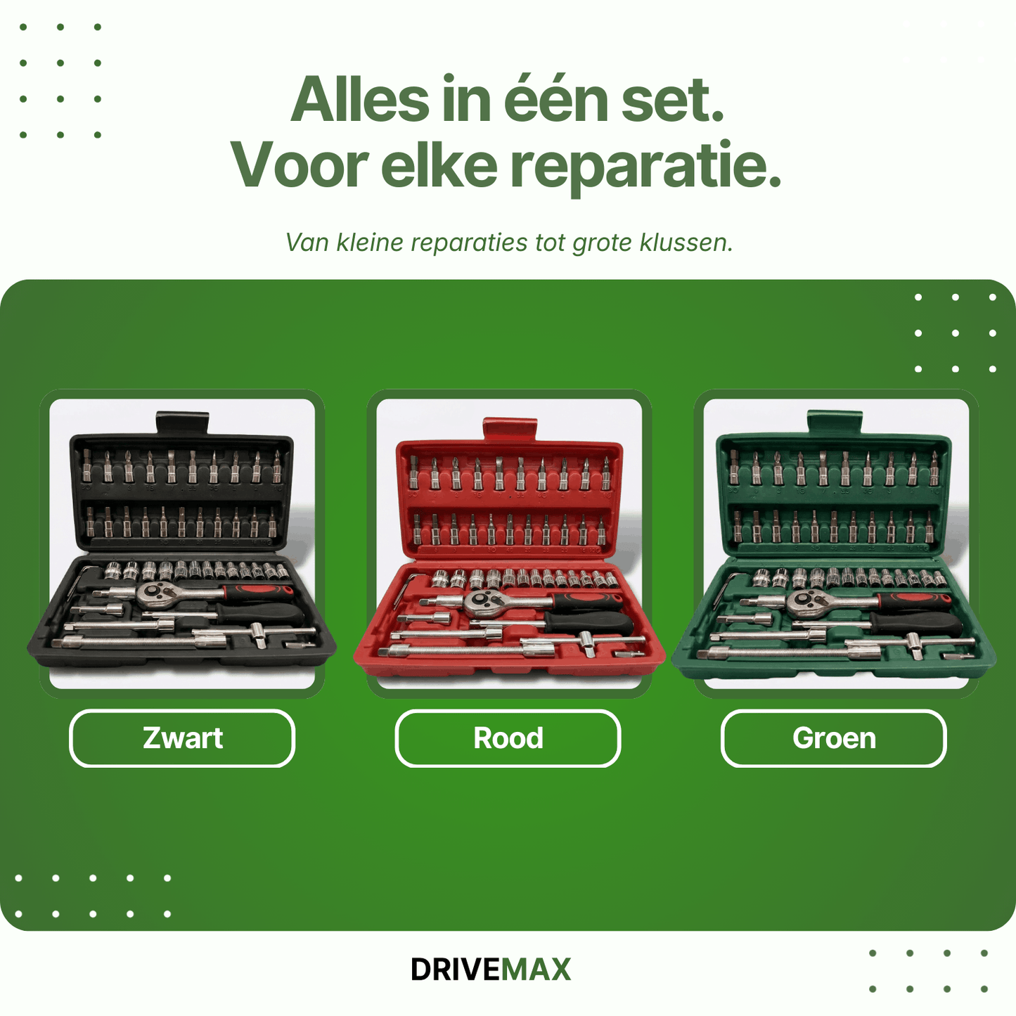 Schroevendraaierset verkrijgbaar in zwart, rood en groen, met ratel, doppen en bitjes in compacte koffer.