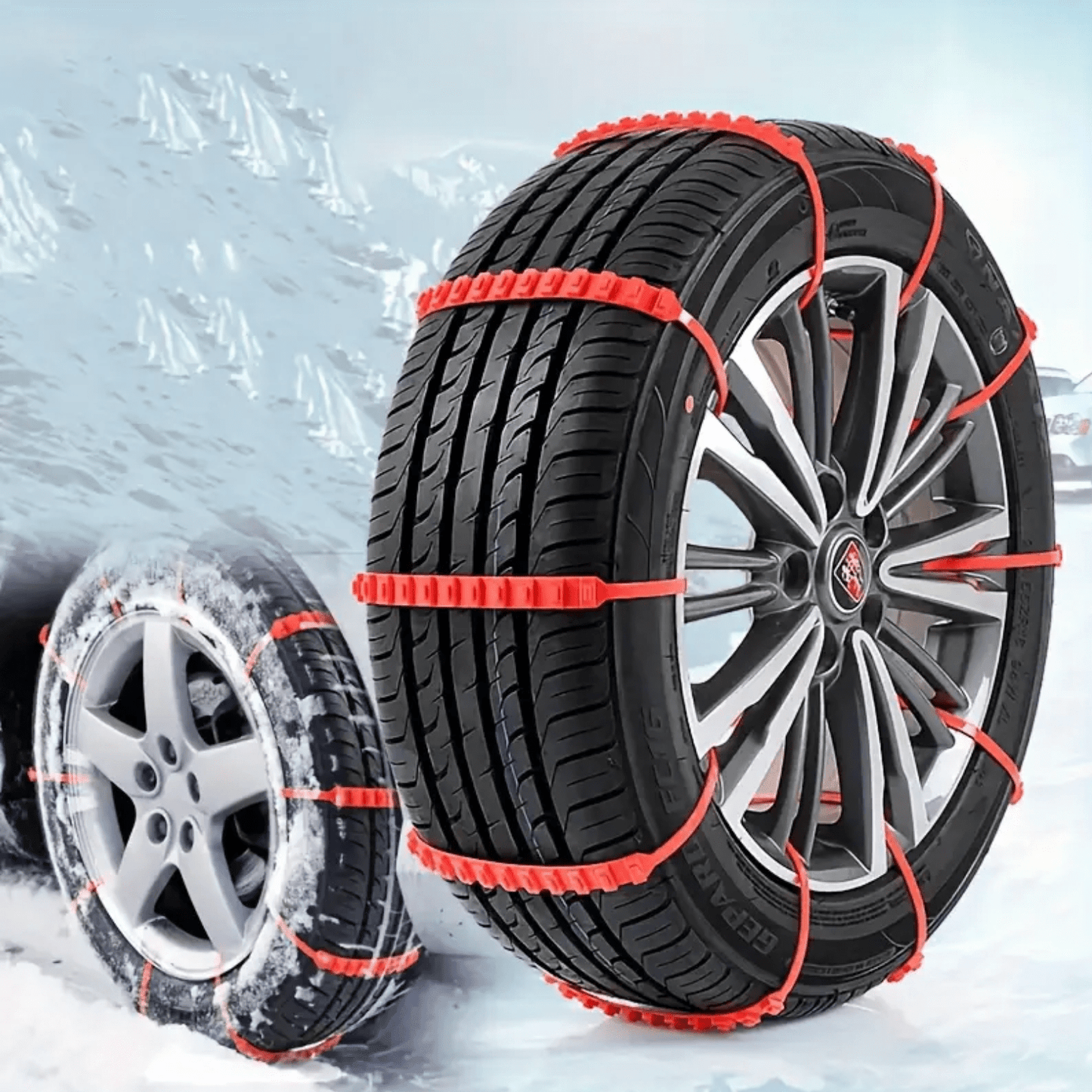 SnowGrip sneeuwkettingen op autobanden in oranje kleur, ideaal voor veilige grip op besneeuwde en ijzige wegen.