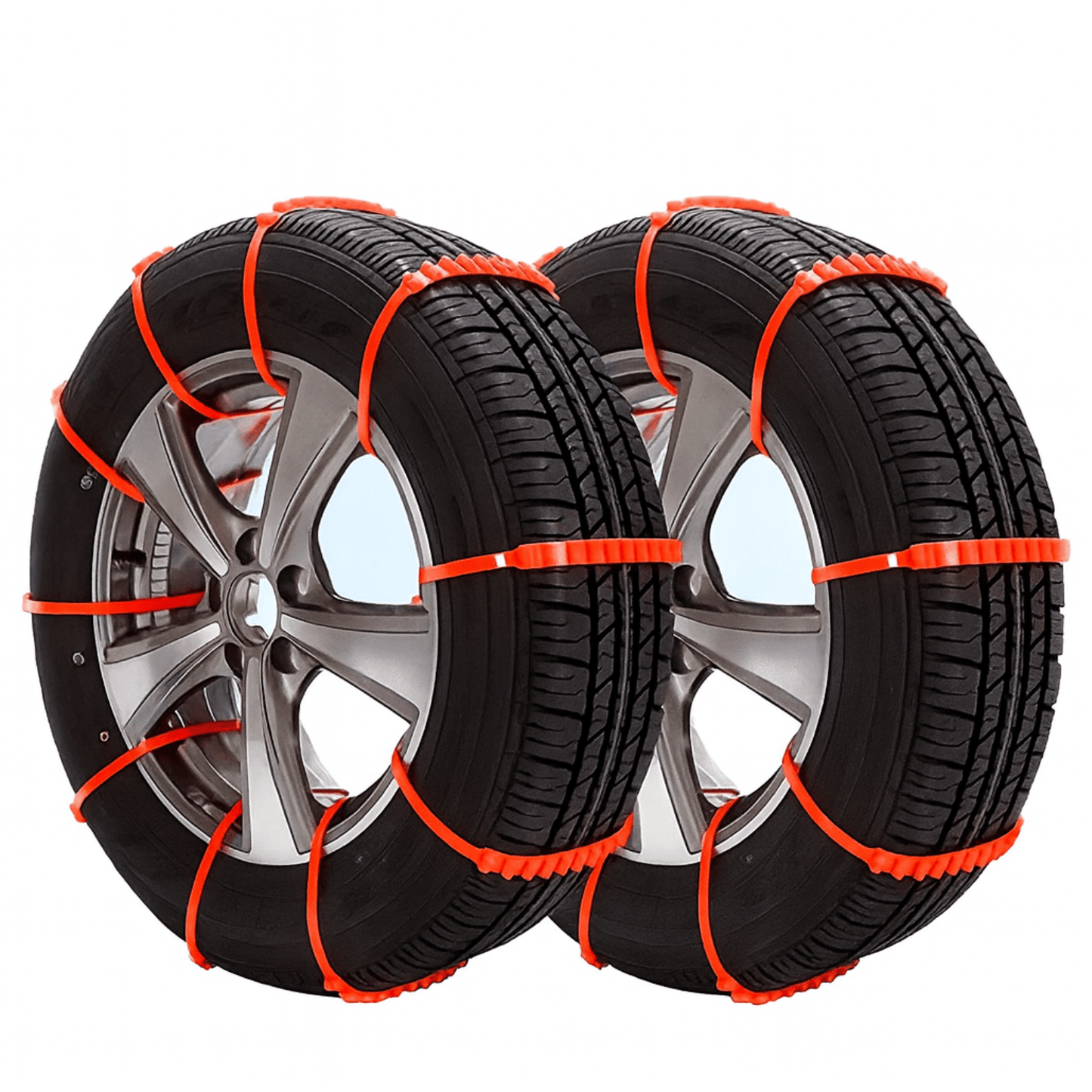 Set SnowGrip sneeuwkettingen in oranje voor autobanden, snel te monteren en extra grip op sneeuw en ijs.