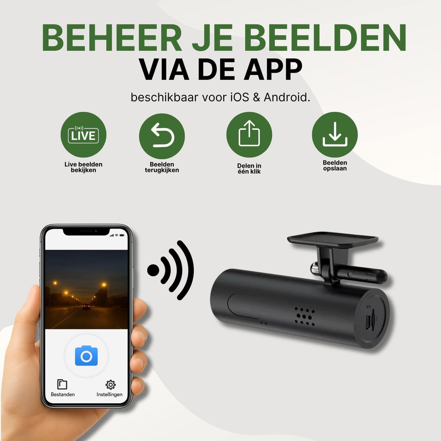 VoiceGuard Pro dashcam verbonden met mobiele app â live beelden bekijken, opslaan en delen via iOS & Android
