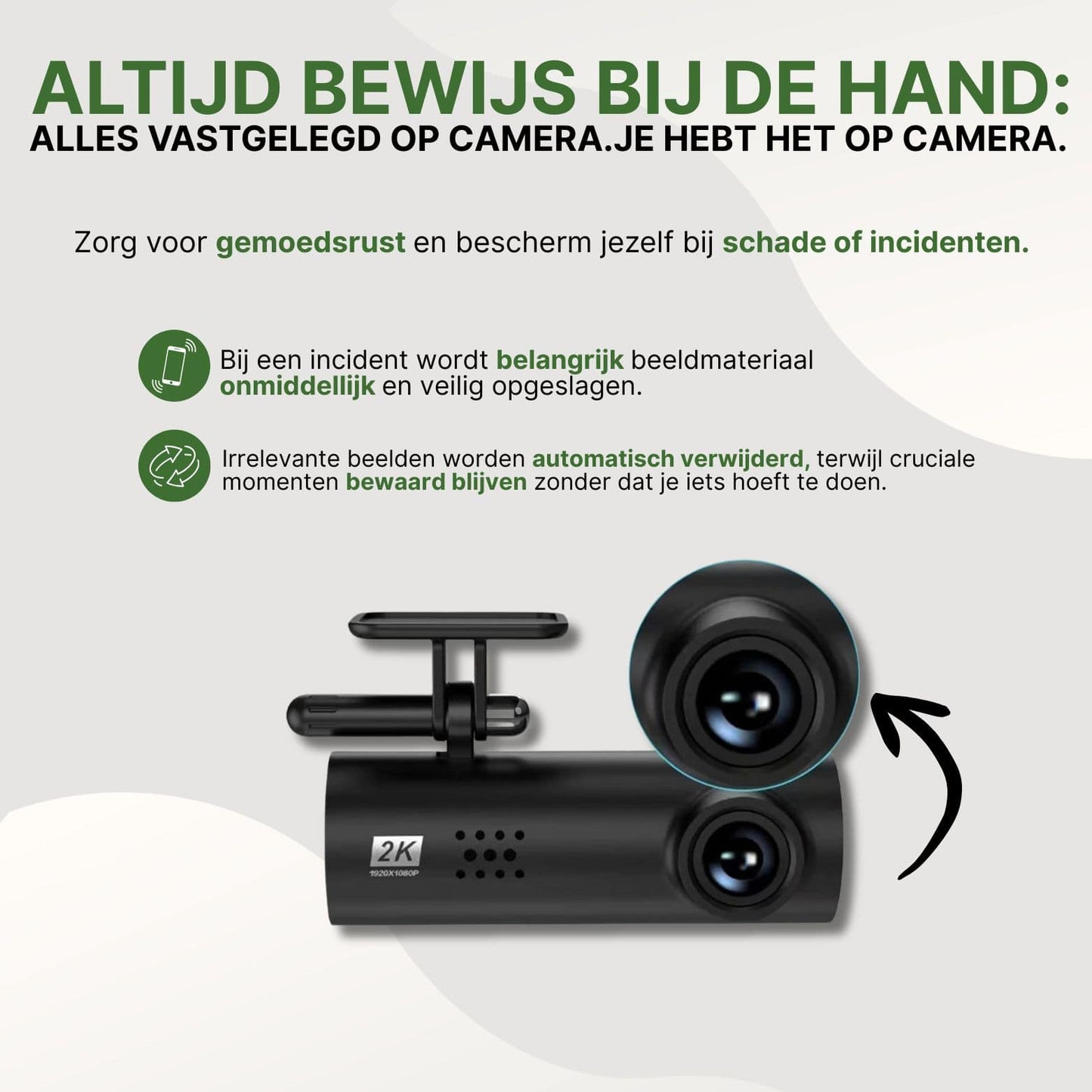 VoiceGuard Pro dashcam met automatische incidentdetectie â belangrijke beelden direct opgeslagen en onbelangrijke verwijderd