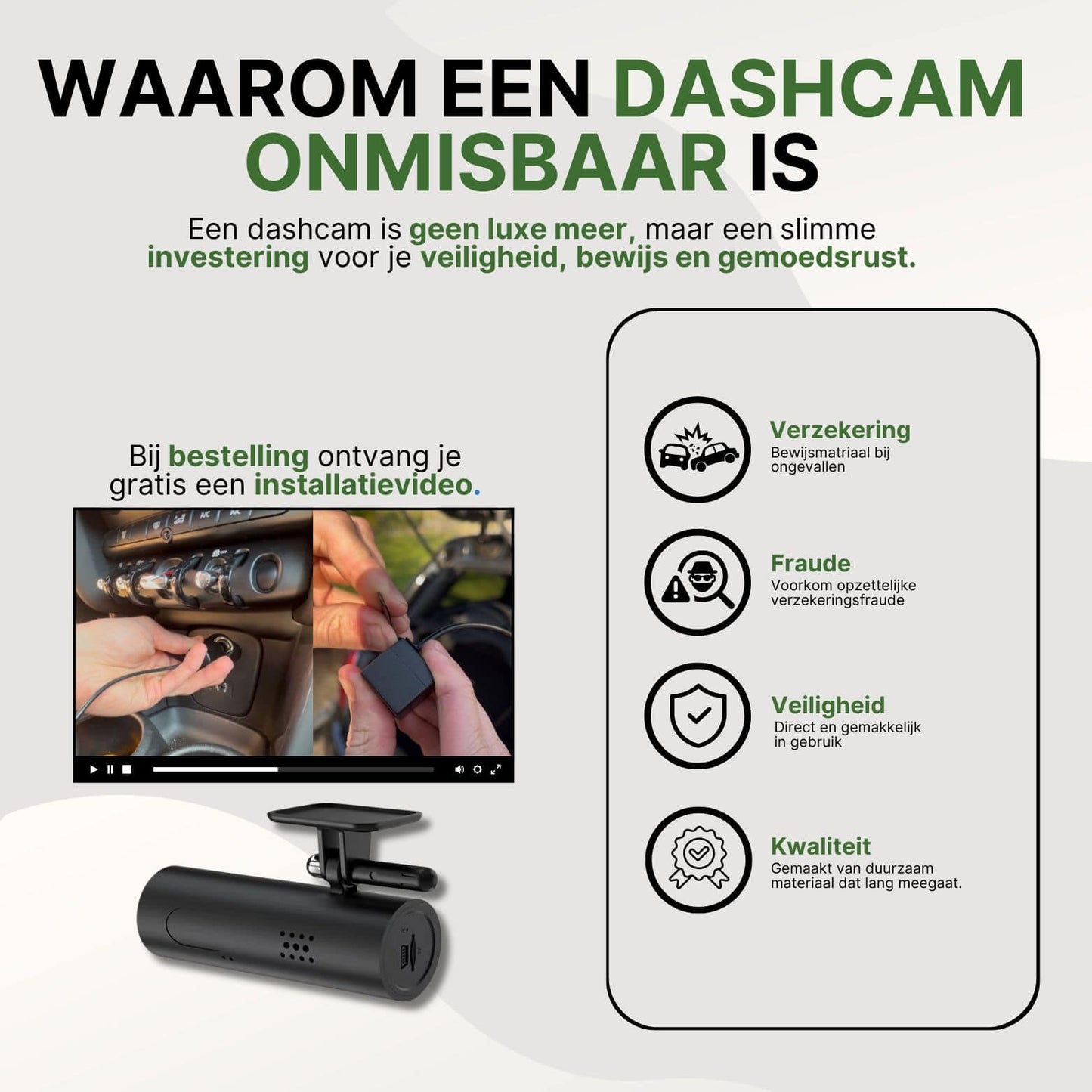 Uitleg waarom een dashcam zoals de VoiceGuard Pro onmisbaar is â voordelen zoals verzekering, fraudepreventie, veiligheid en kwaliteit met installatievideo