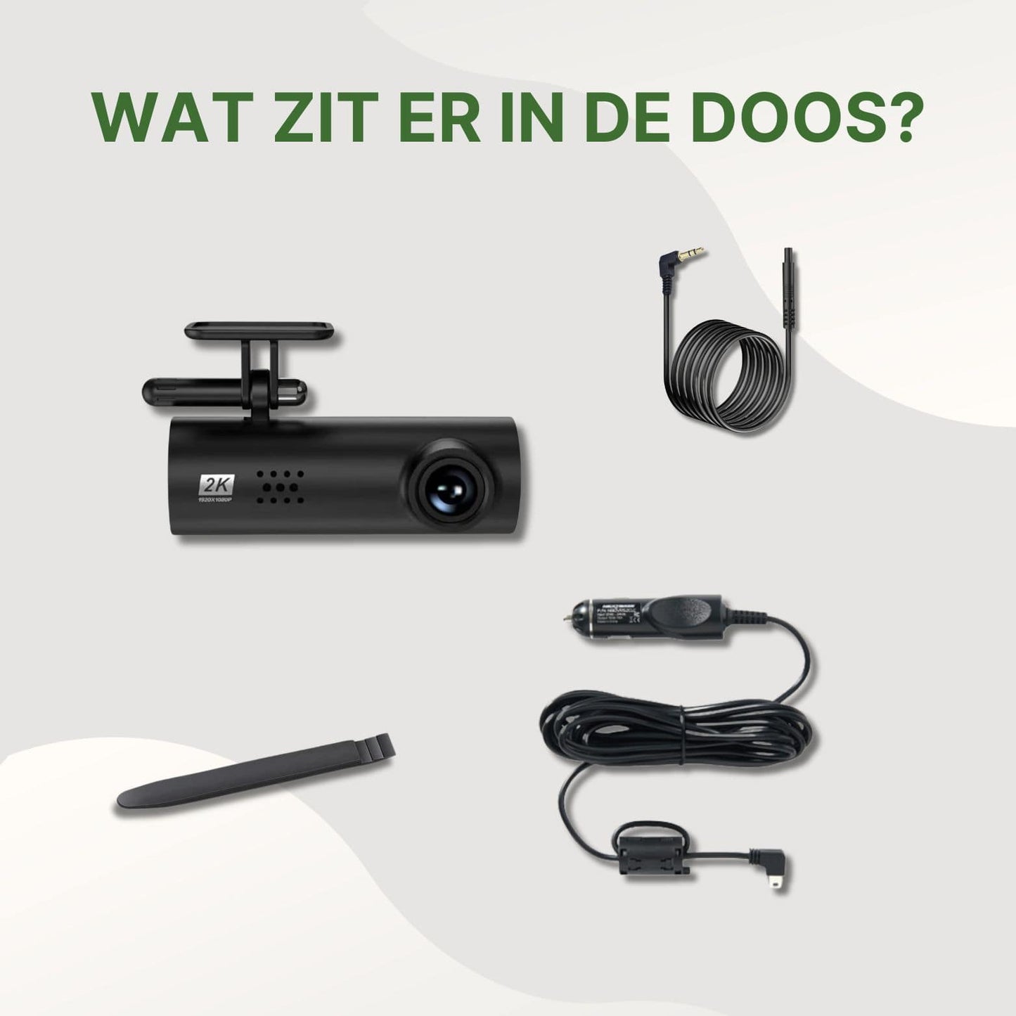 VoiceGuard Pro dashcam verpakking met accessoires â dashcam, voedingskabel, achtercamera-kabel, montage tool en 12V autolader
