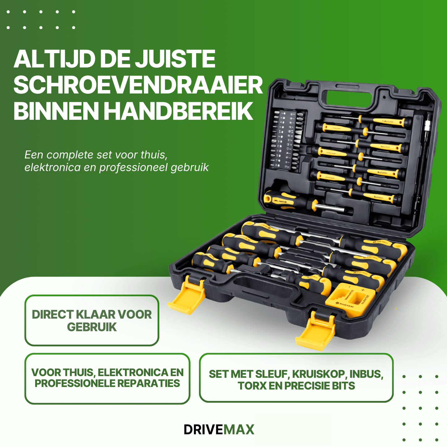Schroevendraaierset in koffer met bits en flexibele verlenger