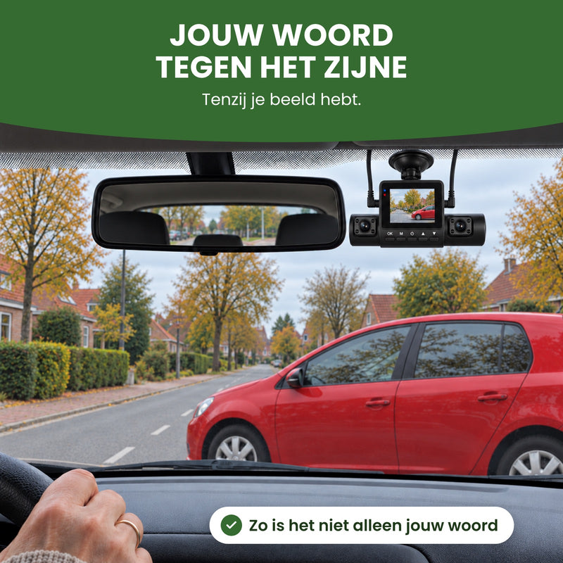 De 360Guard Pro dashcam hangt naast de binnenspiegel en toont de rode auto die dwars voor je staat: jouw woord tegen het zijne, tenzij je beeld hebt