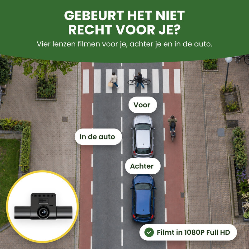 Een auto van boven voor een zebrapad, een auto vlak erachter en een fietser ernaast: de vier lenzen van de 360Guard Pro filmen voor, achter en binnen
