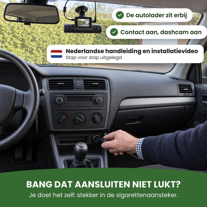 Een hand steekt de stekker van de 360Guard Pro in de sigarettenaansteker: je sluit hem zelf aan, met Nederlandse handleiding en installatievideo