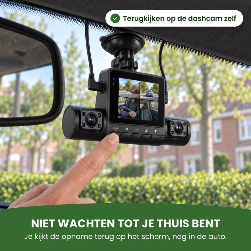 In een geparkeerde auto rust een vinger op de knop OK van de 360Guard Pro dashcam; het scherm toont de opname in vier beelden: voor, achter, de bestuurder en de passagiersstoel. Je kijkt terug, nog in de auto