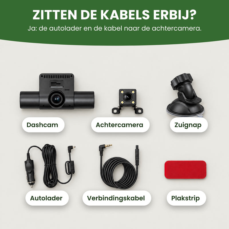 Wat erbij zit: de 360Guard Pro dashcam, achtercamera, zuignap, autolader, verbindingskabel en plakstrip. De kabels zitten erbij