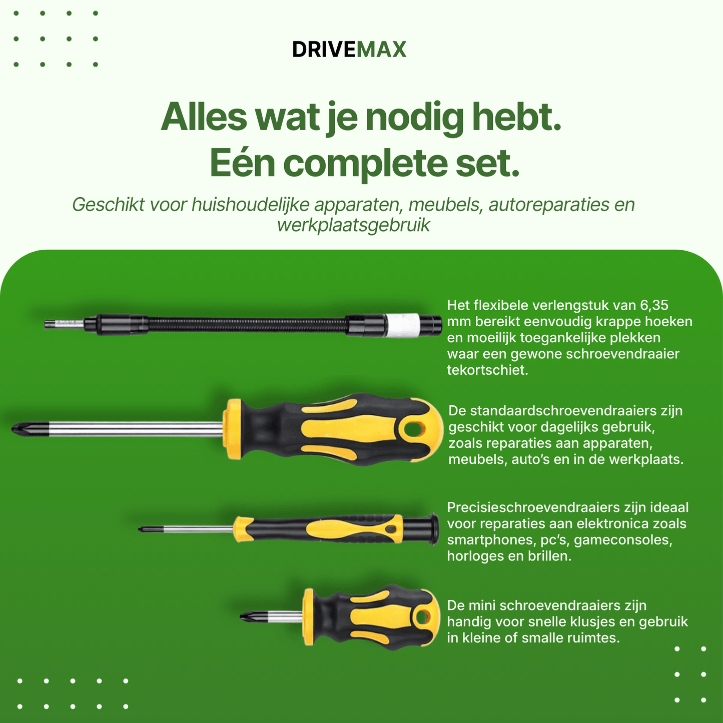 Schroevendraaierset in koffer met bits en flexibele verlenger