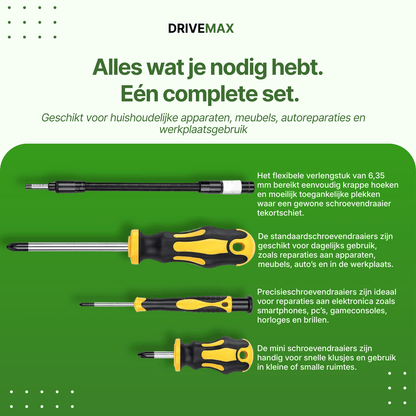 Schroevendraaierset in koffer met bits en flexibele verlenger