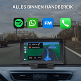 Drivemate 18 cm CarPlay en Android Auto scherm met navigatie naar Apeldoorn – Spotify, WhatsApp, FM-radio en telefoonfuncties direct binnen handbereik – dashboard display voor iPhone en Android