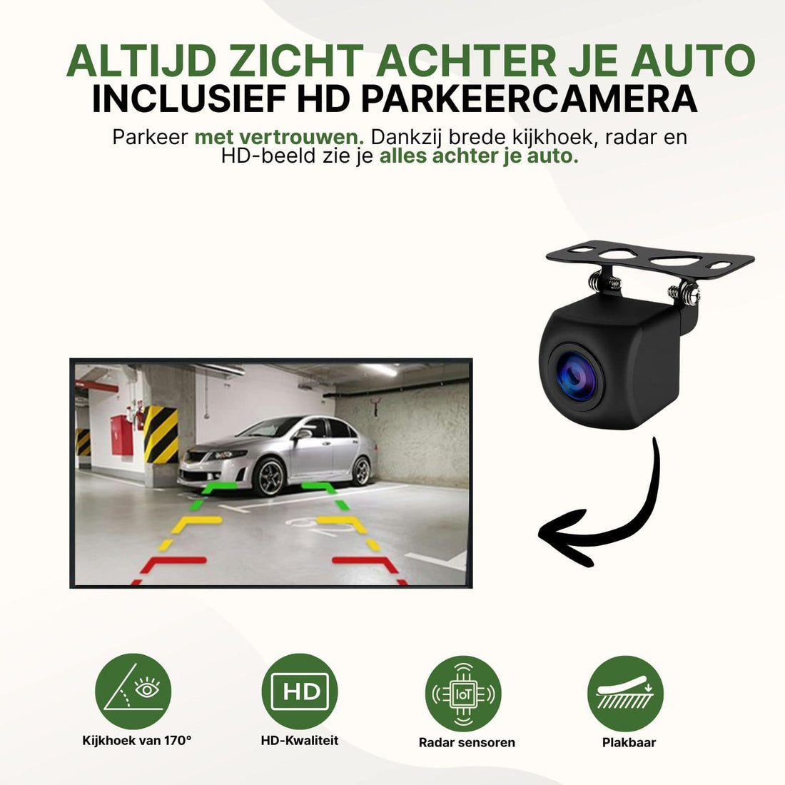 Drivemate HD achteruitrijcamera met brede kijkhoek van 170 graden, radar sensoren en plakbare montage – parkeer met vertrouwen en volledig zicht achter je auto