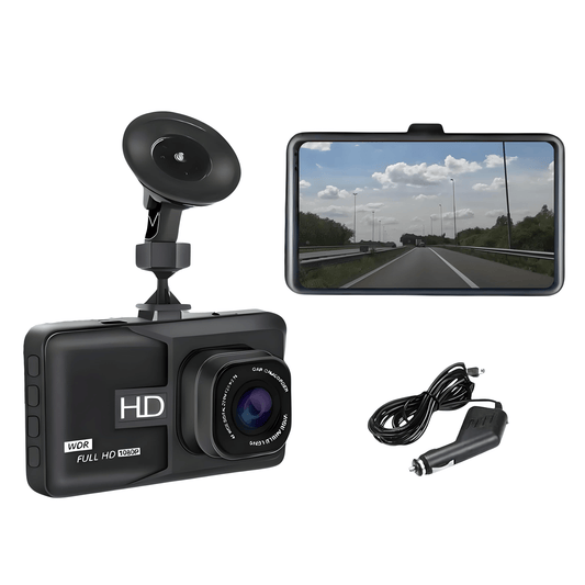 SafeVision Pro dashcam met zuignapbevestiging, groot display, 1080p Full HD opnamekwaliteit en sigarettenaanstekerkabel – ideaal voor duidelijke videobeelden tijdens het rijden.