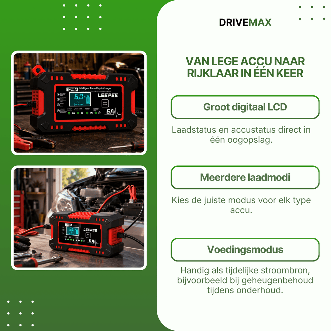 Detailopname van de bediening en indicatielampjes van de VoltGuard acculader