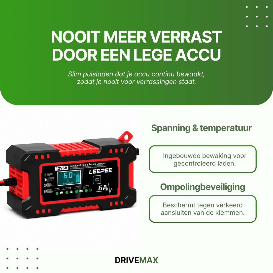 Acculader met USB-poort en veiligheidskabel op houten werkbank