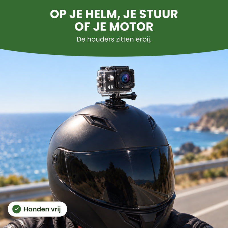Action camera op een motorhelm gemonteerd: op je helm, je stuur of je motor, de houders zitten erbij