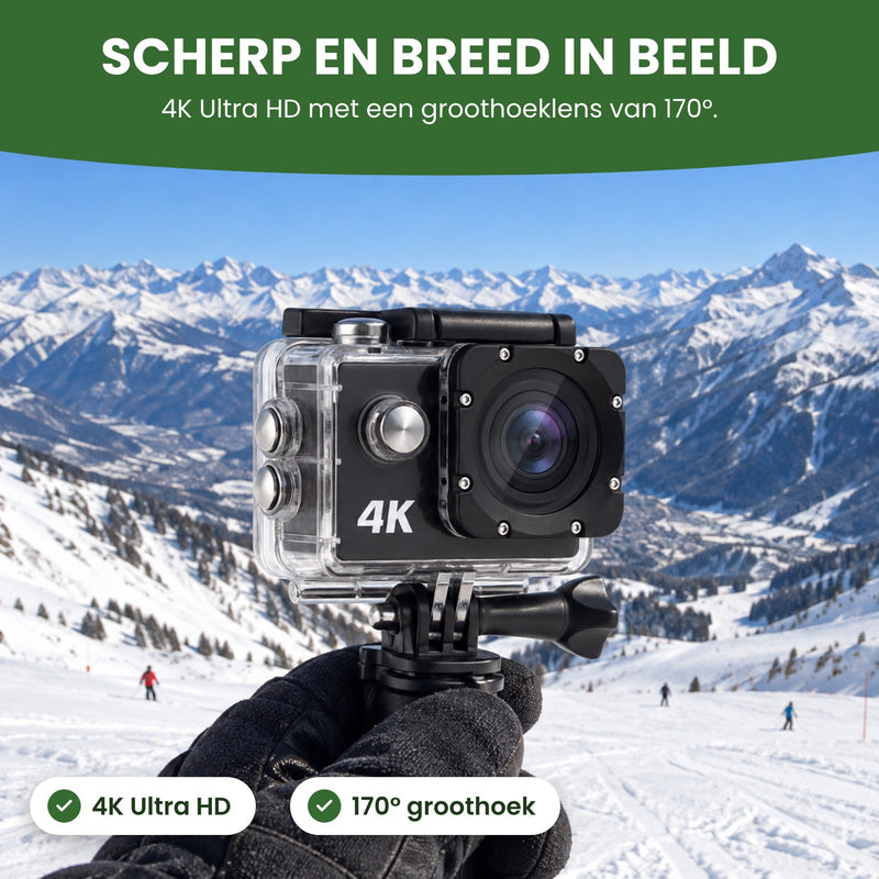 Action camera op een skipiste met een weids berglandschap: 4K Ultra HD met een groothoeklens van 170 graden