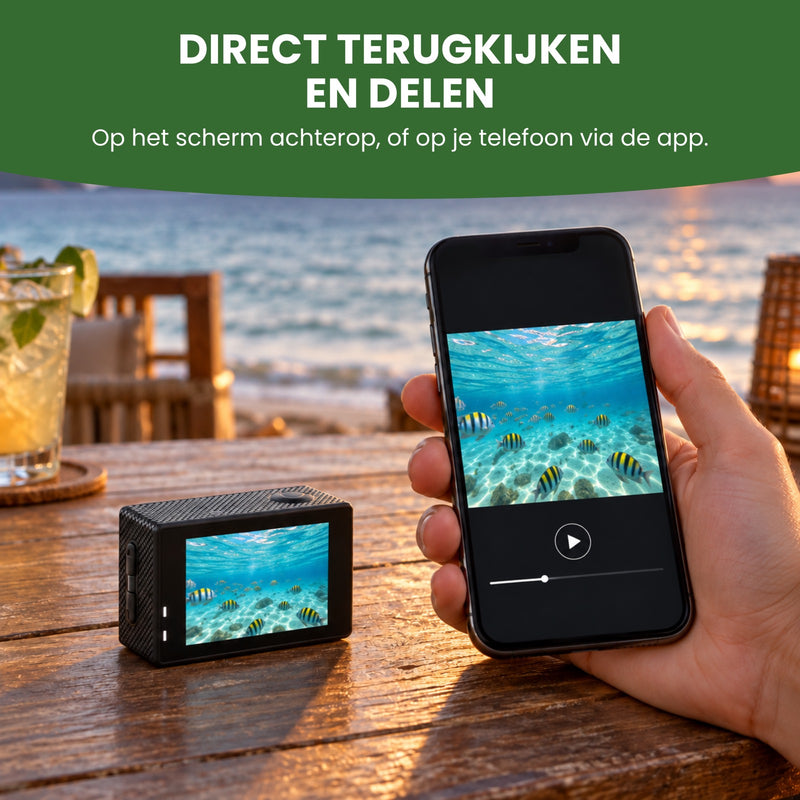 Het scherm achterop de action camera en een telefoon met dezelfde onderwaterbeelden: direct terugkijken en delen via de app