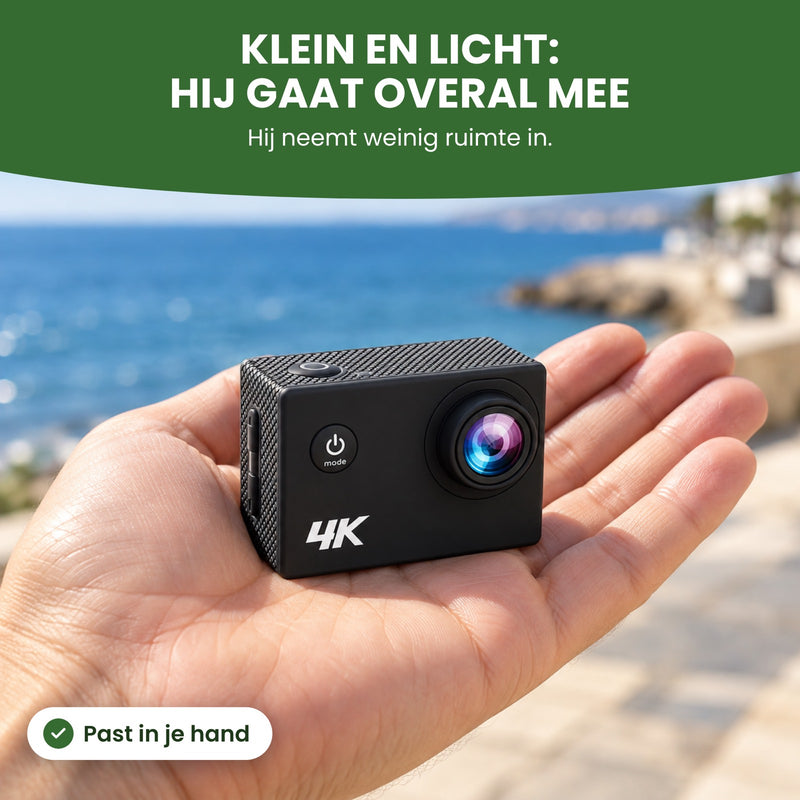 Action camera op een open hand: klein en licht, past in je hand