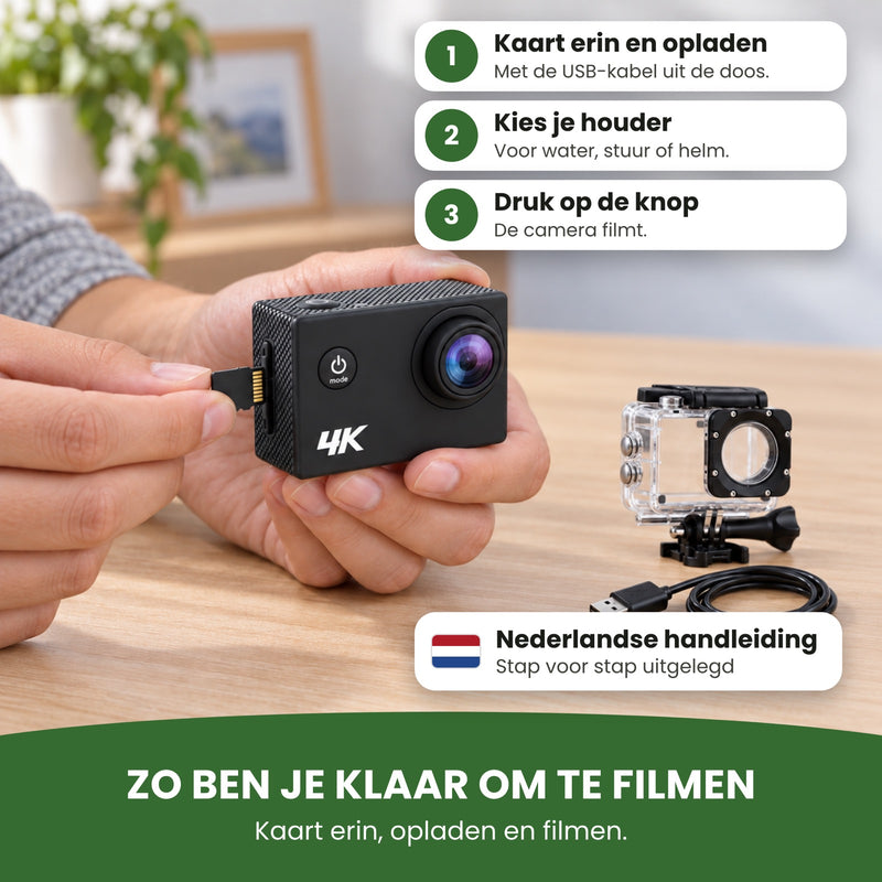 Geheugenkaart in de action camera: kaart erin, houder kiezen, op de knop drukken. Met Nederlandse handleiding