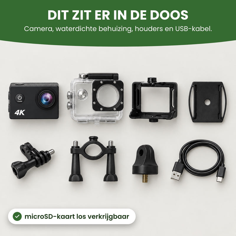 In de doos van de action camera: camera, waterdichte behuizing, houders en USB-kabel