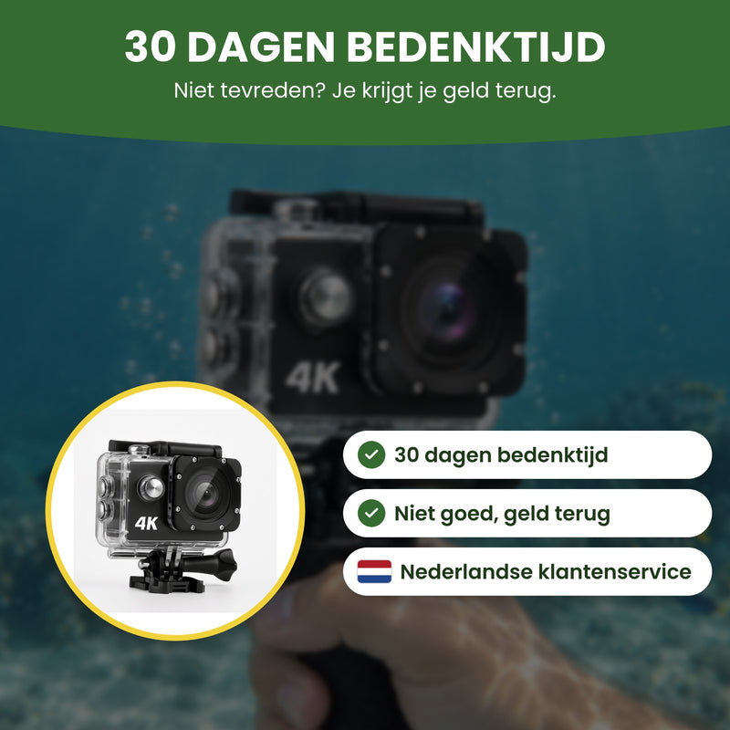 Action camera met 30 dagen bedenktijd, niet goed geld terug en Nederlandse klantenservice