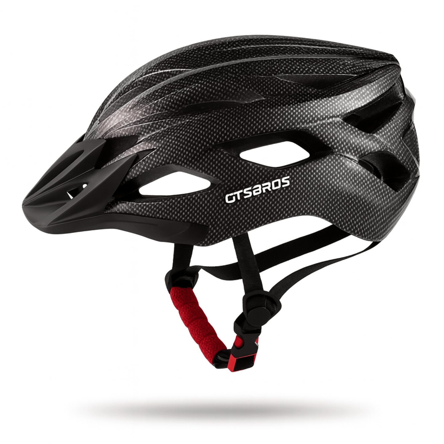 AeroX fietshelm met carbon look en rood kinbandje, lichtgewicht ontwerp met meerdere ventilatieopeningen.