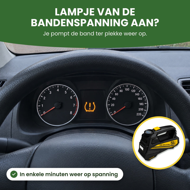 Dashboard van een geparkeerde auto met het lampje van de bandenspanning aan en de AirBoost in een cirkel: je pompt de band ter plekke weer op