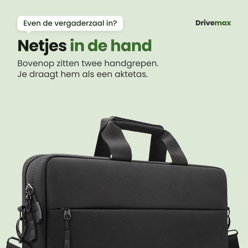 De bovenkant van de Aktova laptoptas met twee handgrepen: je draagt hem in de hand als een aktetas