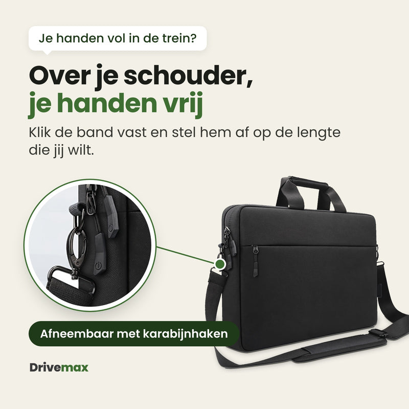 De Aktova laptoptas met een uitvergroting van de karabijnhaak: de schouderband is afneembaar en stel je af op de lengte die jij wilt, zodat je je handen vrij hebt