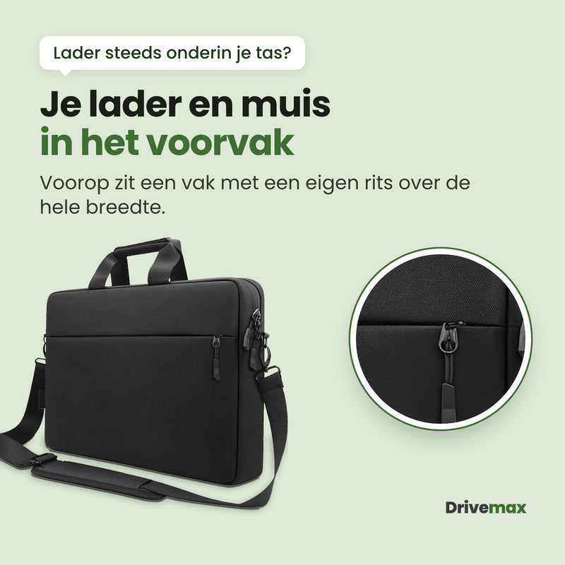 De Aktova laptoptas met een uitvergroting van de rits van het voorvak: een vak met een eigen rits over de hele breedte voor je lader en muis