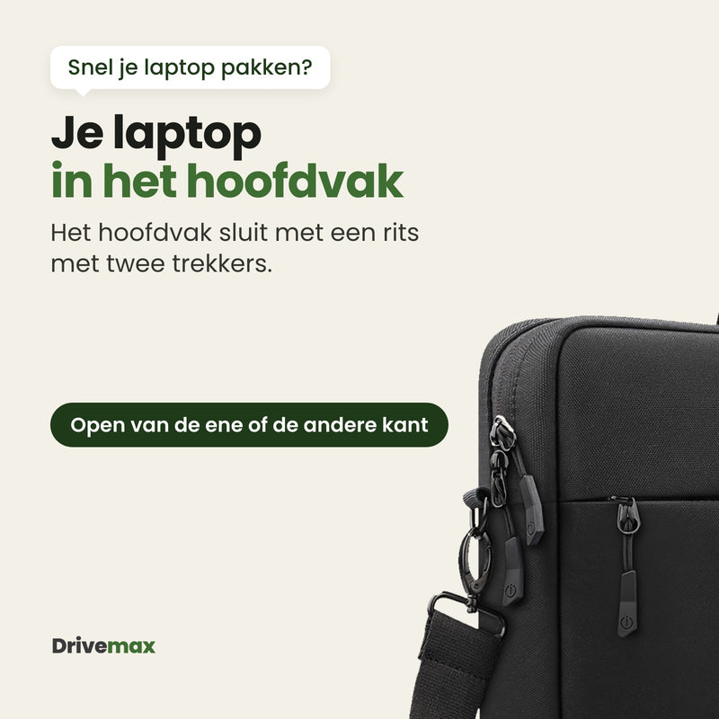 De zijkant van de Aktova laptoptas dichtbij: het hoofdvak sluit met een rits met twee trekkers