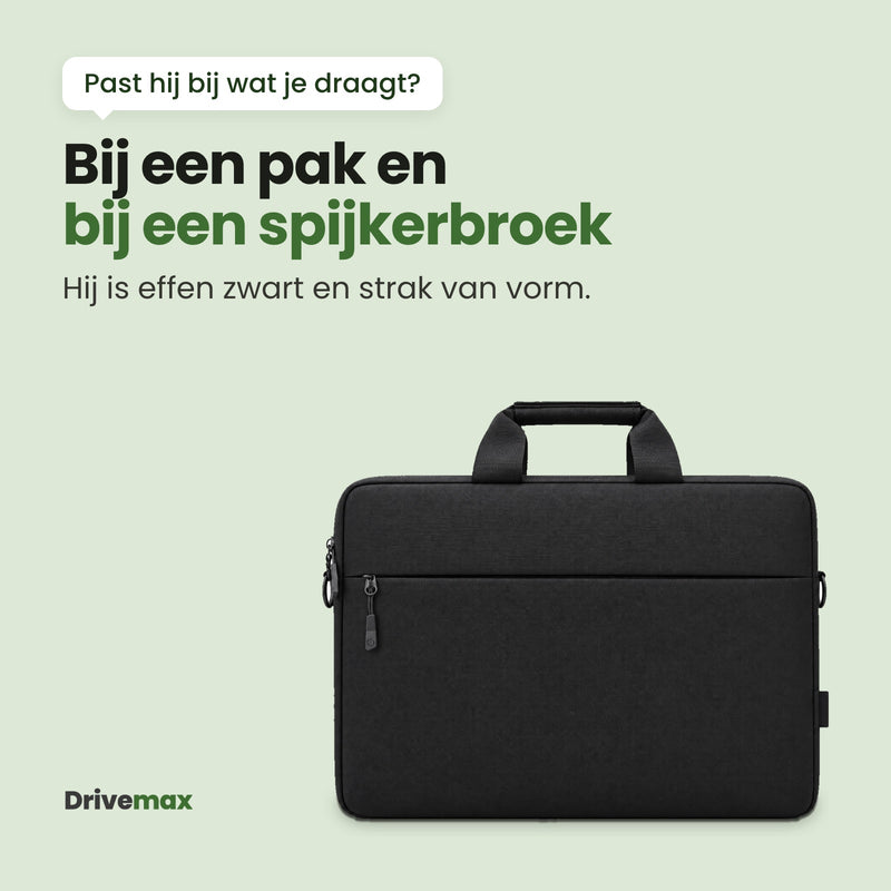 De Aktova laptoptas recht van voren zonder schouderband: effen zwart en strak van vorm, bij een pak en bij een spijkerbroek